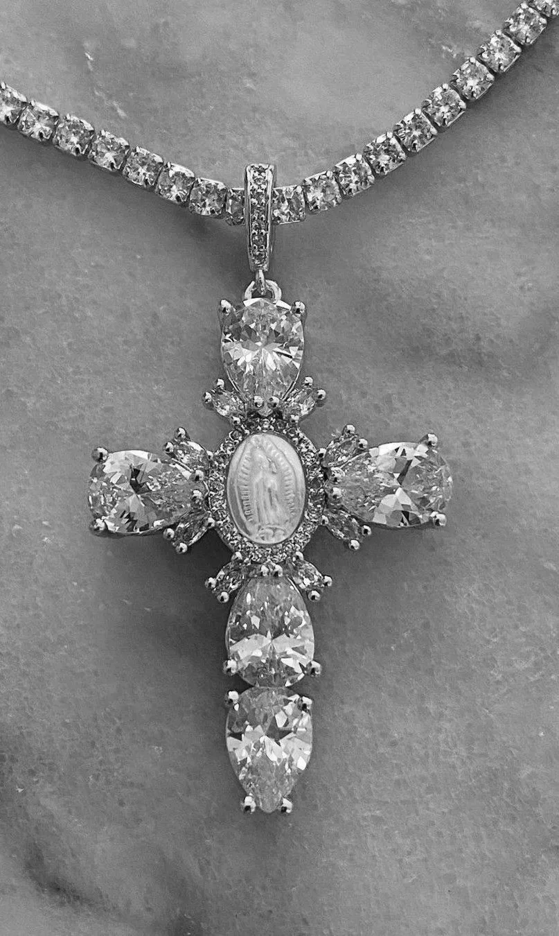 Iced cross pendant with oval stones on a tennis chain