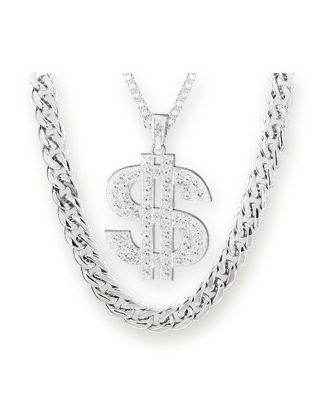 Silver Cuban link chain with an iced dollar sign pendant