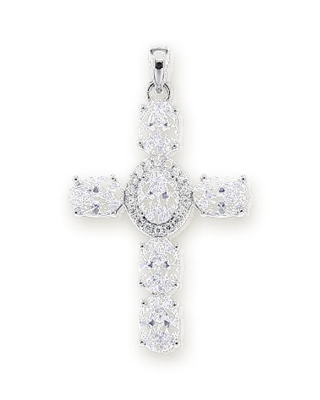 Iced silver cross pendant with oval-cut stones