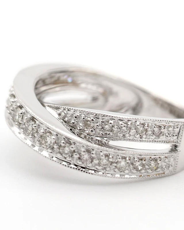 White gold crossover band set with rows of round diamonds