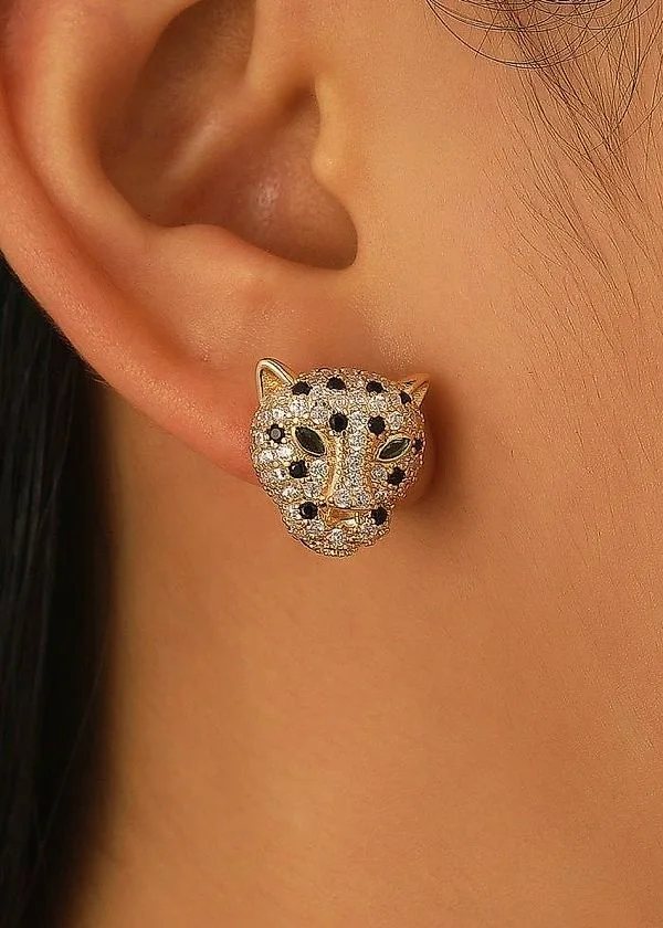 Gold leopard stud earring with pavé stones and black enamel spots
