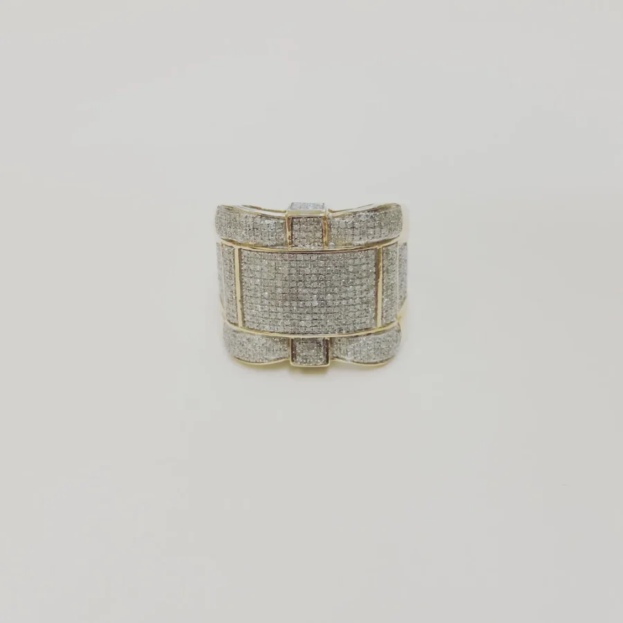Wide two-tone gold ring fully set with pave stones