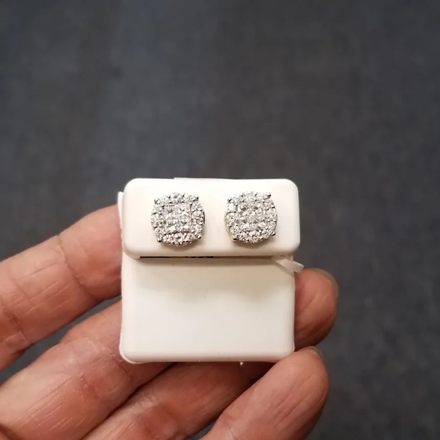 Pair of iced square cluster stud earrings on a white card