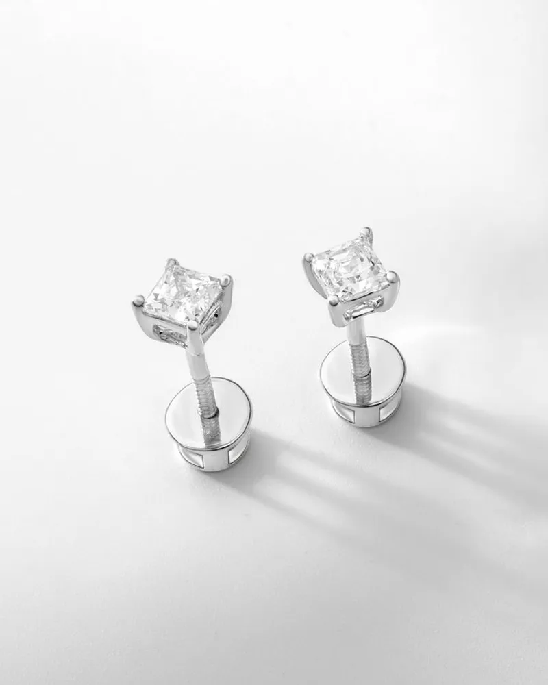 Pair of square princess-cut studs with screw backs